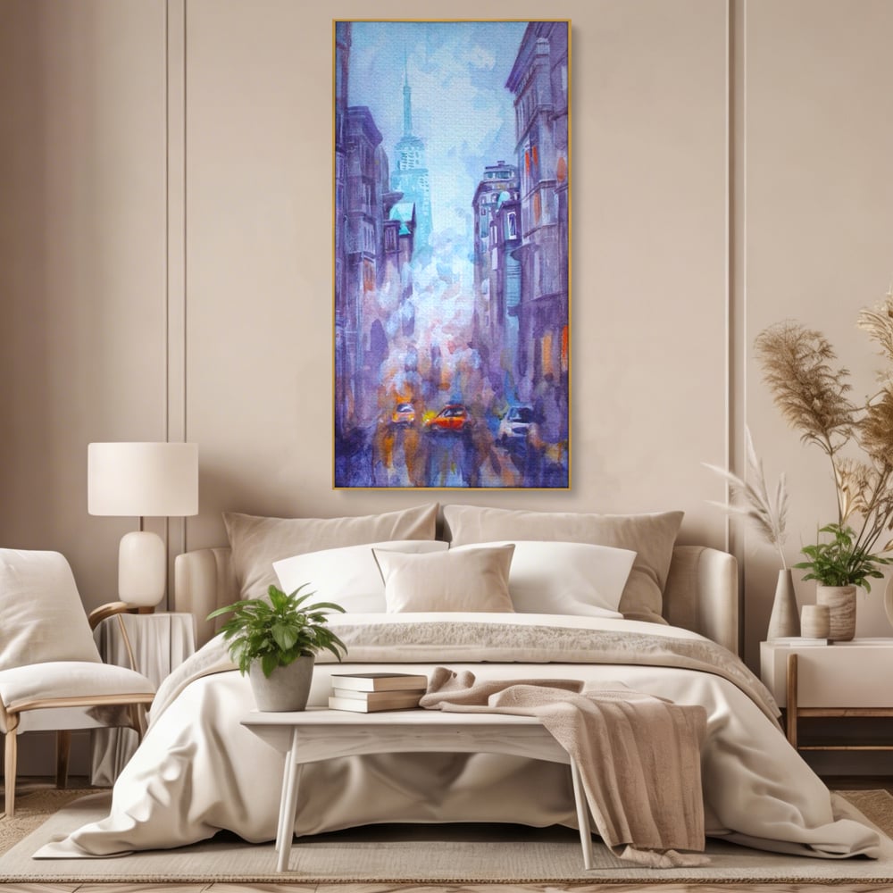 Tablou canvas cu tablou canvas pictura urbana cu masina portocaliu, in rama de aluminiu auriu, pe perete intr-un dormitor